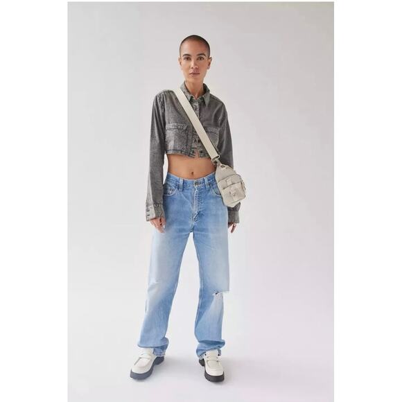 Urban Outfitters Shacket Womens Crop Cutout Denim Shirt Acid Wash Biker Grunge - Picture 5 of 16